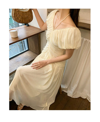 French V-neck pleated dress