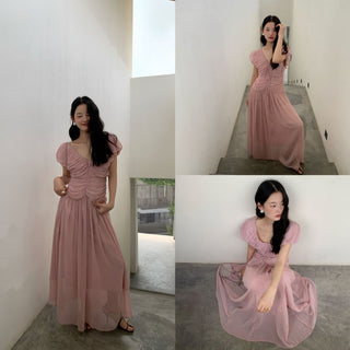 French V-neck pleated dress