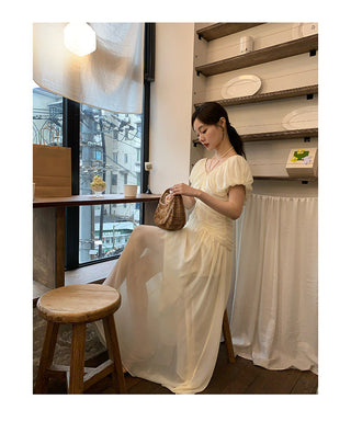 French V-neck pleated dress