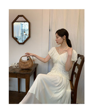 French V-neck pleated dress