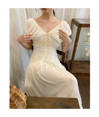 French V-neck pleated dress