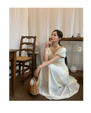 French V-neck pleated dress