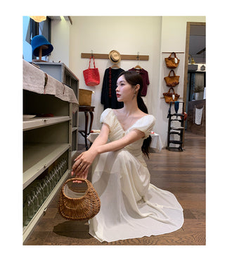French V-neck pleated dress
