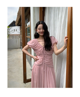 French V-neck pleated dress