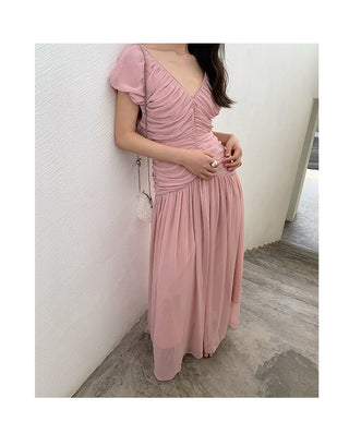 French V-neck pleated dress