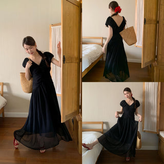 French V-neck pleated dress