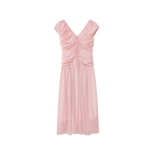French V-neck pleated dress