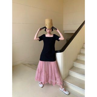 mesh square collar dress
