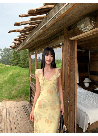yellow V-neck dress