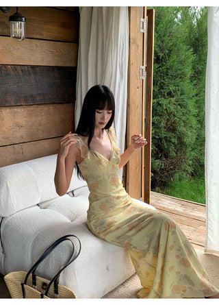 yellow V-neck dress