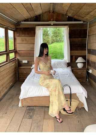 yellow V-neck dress