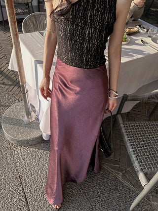 purple satin skirt