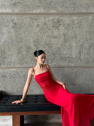 red slip dress