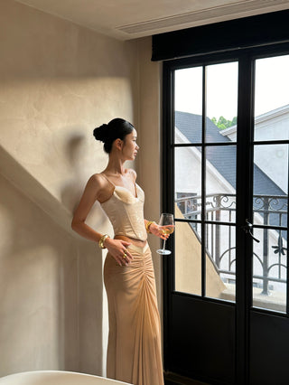 pleated fishtail dress