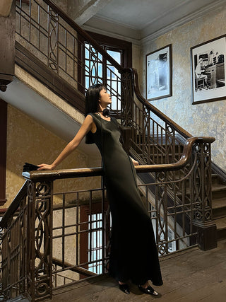 black oblique dress
