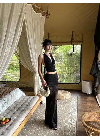 black V-neck set