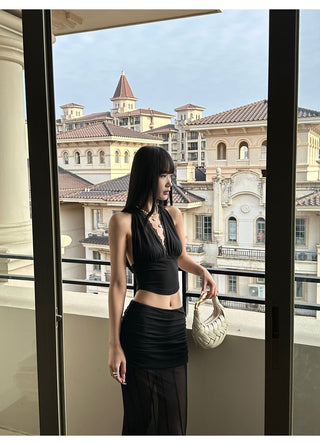 black V-neck set