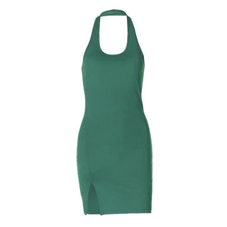 Halter u neck slit solid backless mini dress