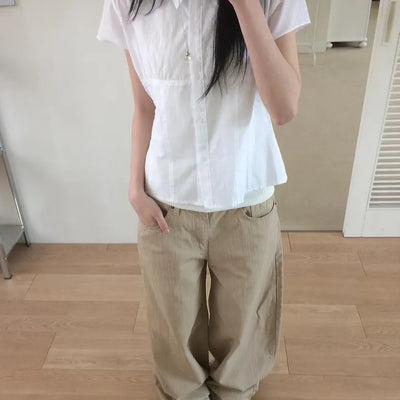 Summer Button Cut Daily Collared Short Sleeve Shirt