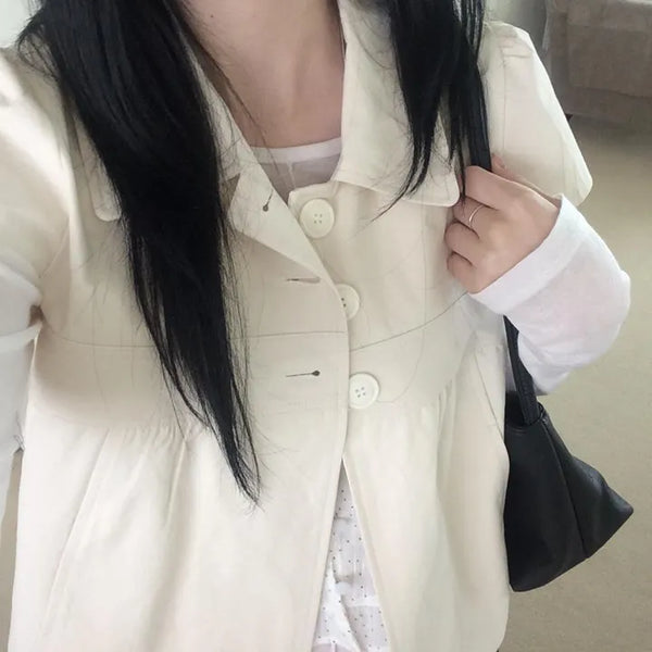 Cap Sleeve Short Sleeve Cutout Shirred Button Collar Jacket