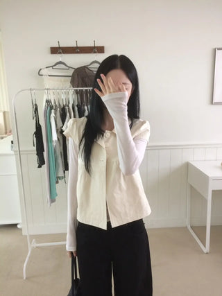 Cap Sleeve Short Sleeve Cutout Shirred Button Collar Jacket