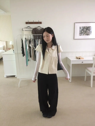 Cap Sleeve Short Sleeve Cutout Shirred Button Collar Jacket