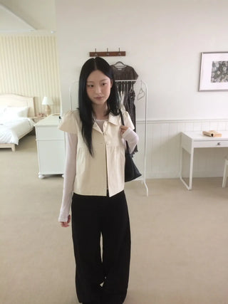 Cap Sleeve Short Sleeve Cutout Shirred Button Collar Jacket