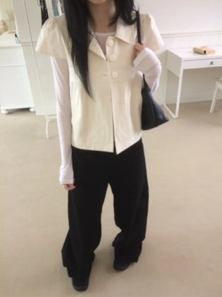 Cap Sleeve Short Sleeve Cutout Shirred Button Collar Jacket
