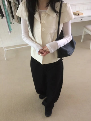 Cap Sleeve Short Sleeve Cutout Shirred Button Collar Jacket