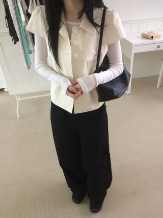 Cap Sleeve Short Sleeve Cutout Shirred Button Collar Jacket