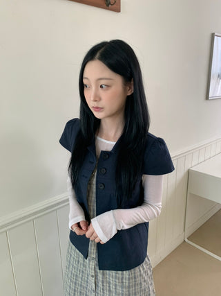 Cap Sleeve Short Sleeve Cutout Shirred Button Collar Jacket