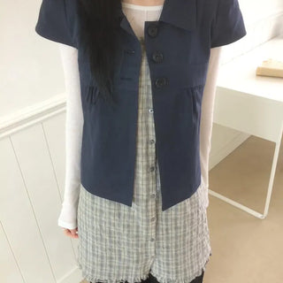 Cap Sleeve Short Sleeve Cutout Shirred Button Collar Jacket