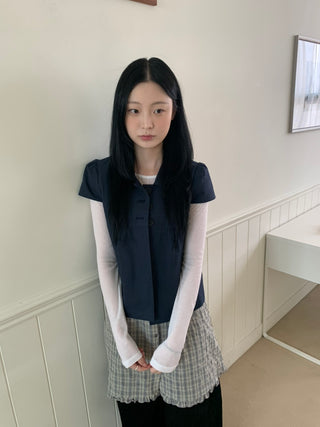 Cap Sleeve Short Sleeve Cutout Shirred Button Collar Jacket