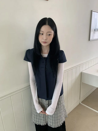 Cap Sleeve Short Sleeve Cutout Shirred Button Collar Jacket