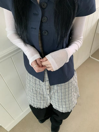 Cap Sleeve Short Sleeve Cutout Shirred Button Collar Jacket