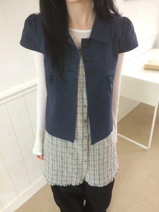 Cap Sleeve Short Sleeve Cutout Shirred Button Collar Jacket