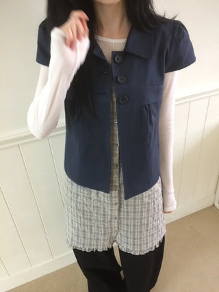 Cap Sleeve Short Sleeve Cutout Shirred Button Collar Jacket