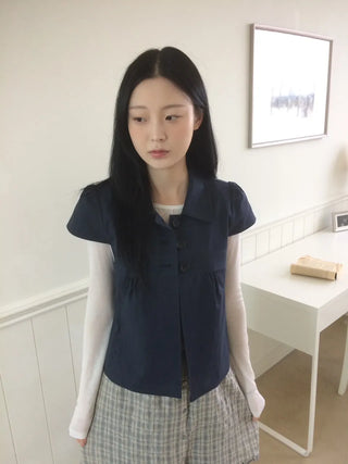 Cap Sleeve Short Sleeve Cutout Shirred Button Collar Jacket