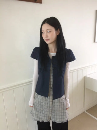 Cap Sleeve Short Sleeve Cutout Shirred Button Collar Jacket