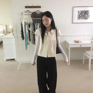 Cap Sleeve Short Sleeve Cutout Shirred Button Collar Jacket