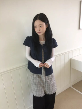 Cap Sleeve Short Sleeve Cutout Shirred Button Collar Jacket