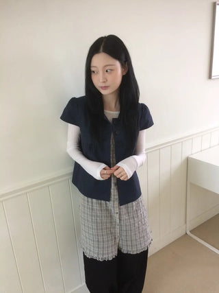 Cap Sleeve Short Sleeve Cutout Shirred Button Collar Jacket