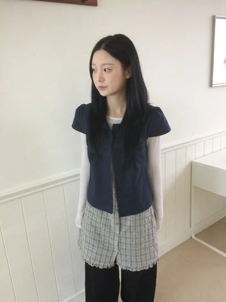 Cap Sleeve Short Sleeve Cutout Shirred Button Collar Jacket