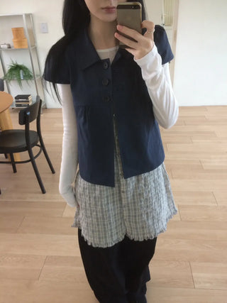 Cap Sleeve Short Sleeve Cutout Shirred Button Collar Jacket
