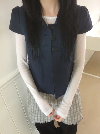 Cap Sleeve Short Sleeve Cutout Shirred Button Collar Jacket