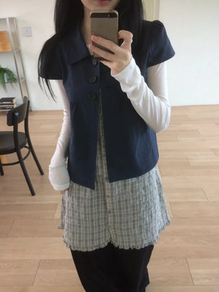 Cap Sleeve Short Sleeve Cutout Shirred Button Collar Jacket