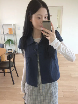 Cap Sleeve Short Sleeve Cutout Shirred Button Collar Jacket