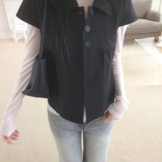 Cap Sleeve Short Sleeve Cutout Shirred Button Collar Jacket