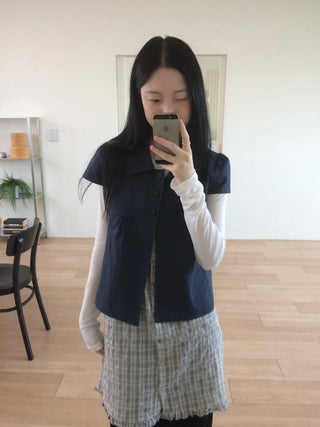 Cap Sleeve Short Sleeve Cutout Shirred Button Collar Jacket
