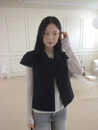 Cap Sleeve Short Sleeve Cutout Shirred Button Collar Jacket